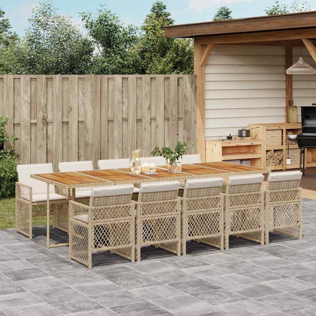 11 Piece Garden Dining Set with Cushions Beige Poly Rattan