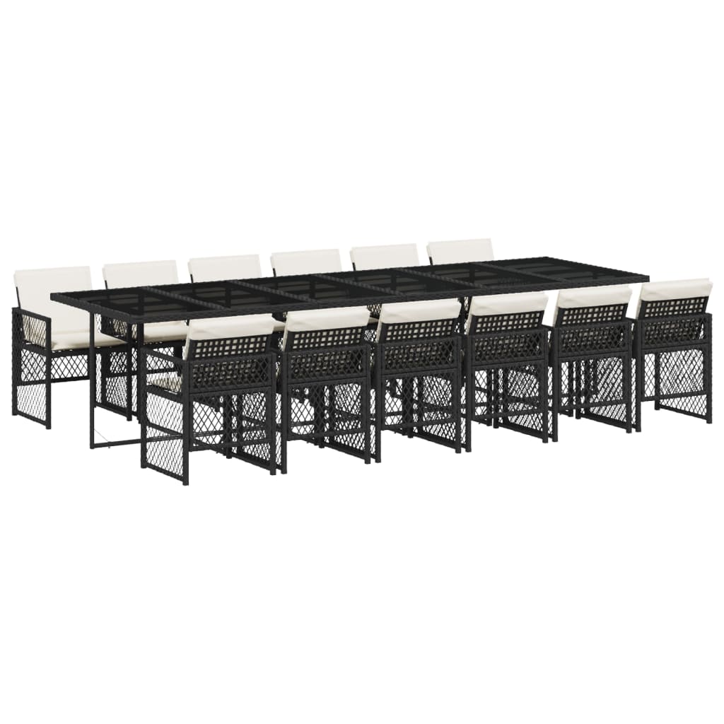13 Piece Garden Dining Set with Cushions Black Poly Rattan