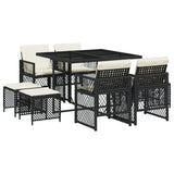 9 Piece Garden Dining Set with Cushions Black Poly Rattan - Front View