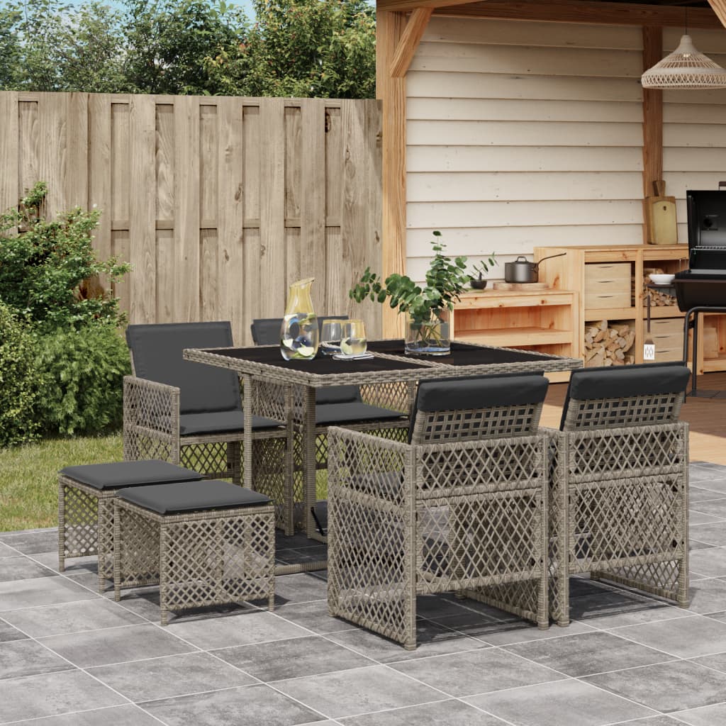 9 Piece Garden Dining Set with Cushions Grey Poly Rattan