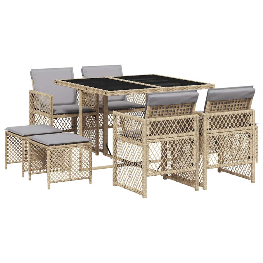 9 Piece Garden Dining Set with Cushions Beige Poly Rattan
