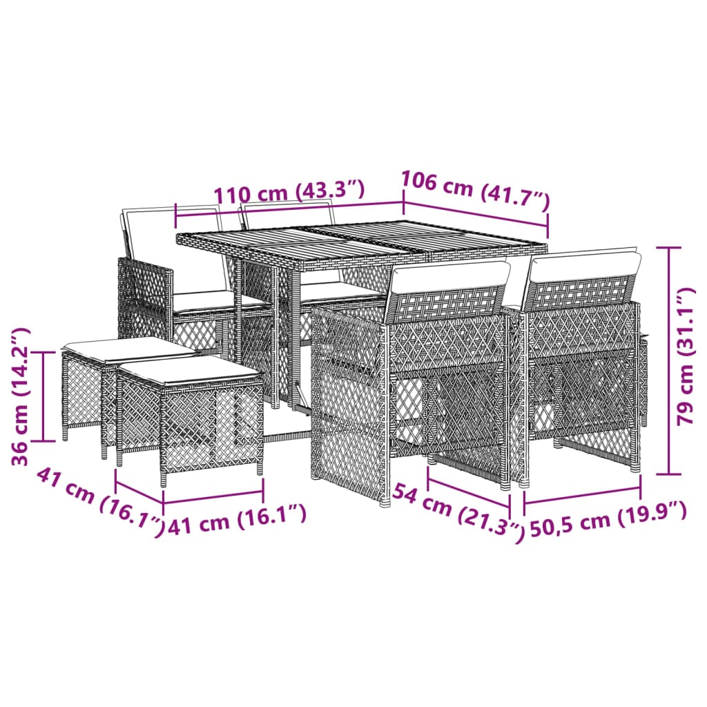 9 Piece Garden Dining Set with Cushions Grey Poly Rattan
