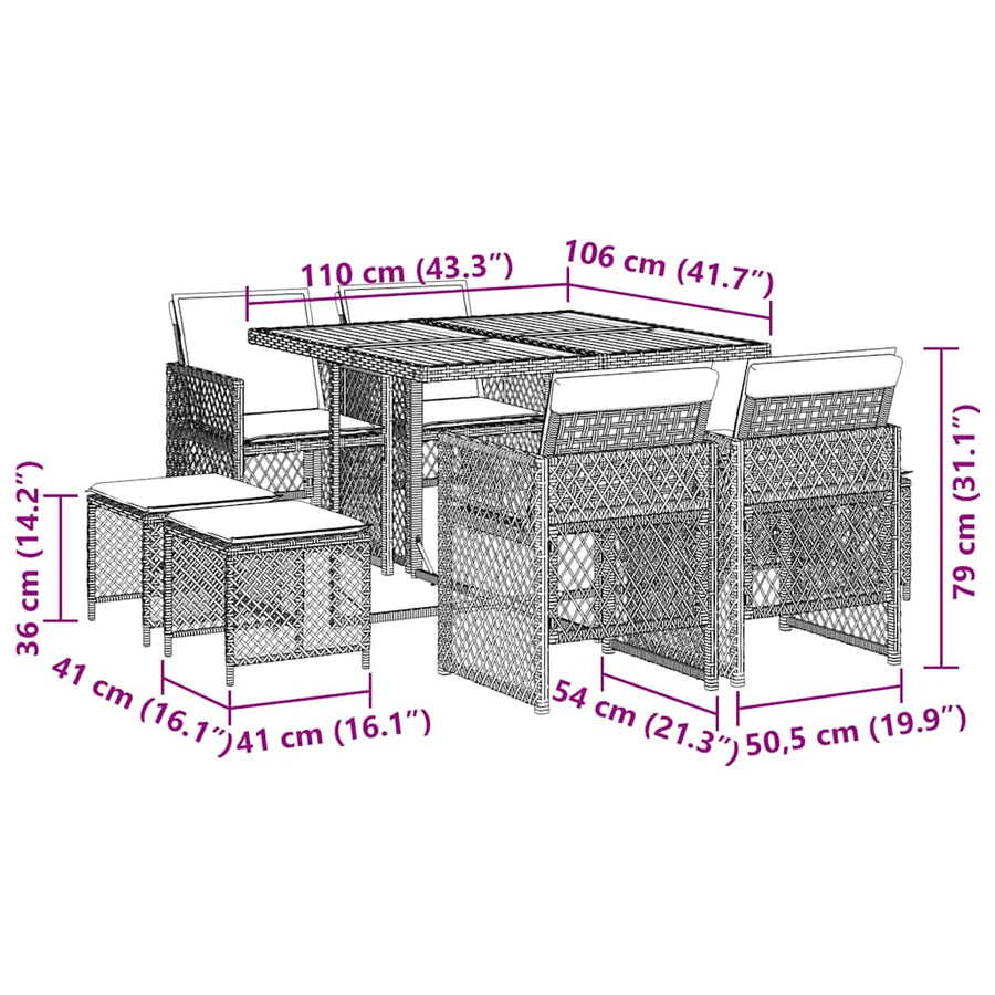 9 Piece Garden Dining Set with Cushions Grey Poly Rattan