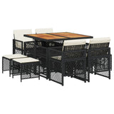 9 Piece Garden Dining Set with Cushions Black Poly Rattan - Front View