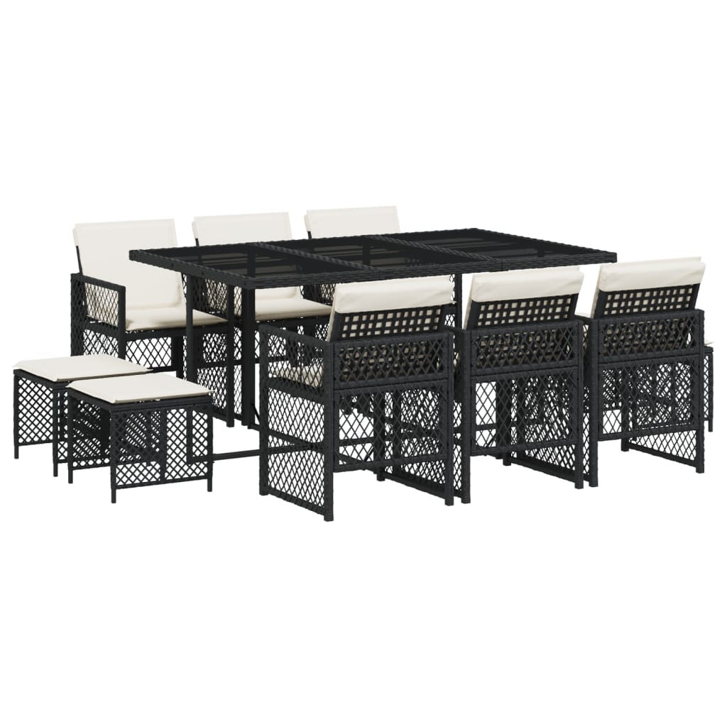 11 Piece Garden Dining Set with Cushions Black Poly Rattan