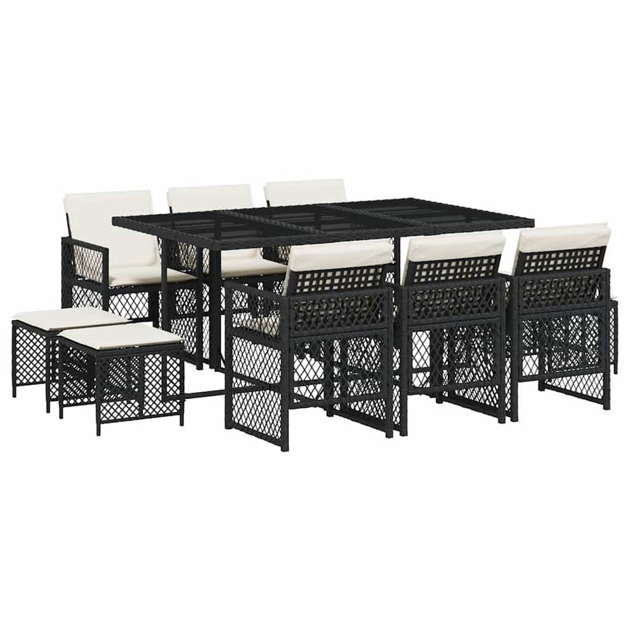 11 Piece Garden Dining Set with Cushions Black Poly Rattan