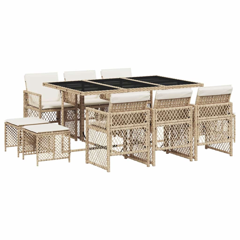 11 Piece Garden Dining Set with Cushions Beige Poly Rattan