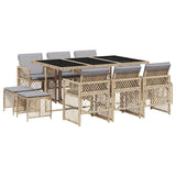 11 Piece Garden Dining Set with Cushions Beige Poly Rattan - Front View