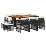 11 Piece Garden Dining Set with Cushions Black Poly Rattan