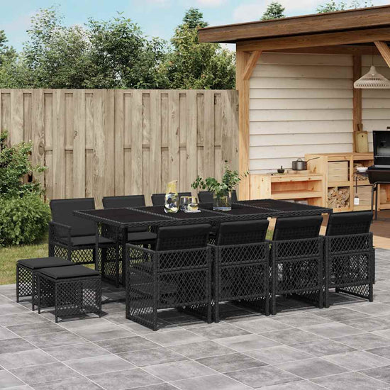 13 Piece Garden Dining Set with Cushions Black Poly Rattan