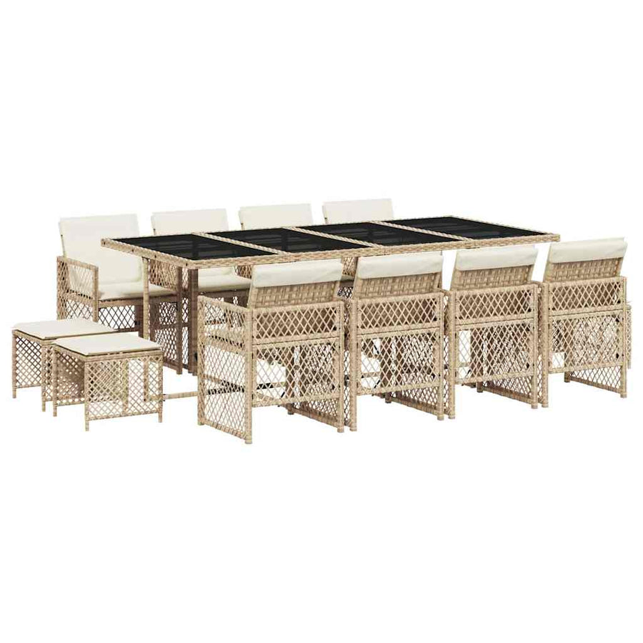 13 Piece Garden Dining Set with Cushions Beige Poly Rattan