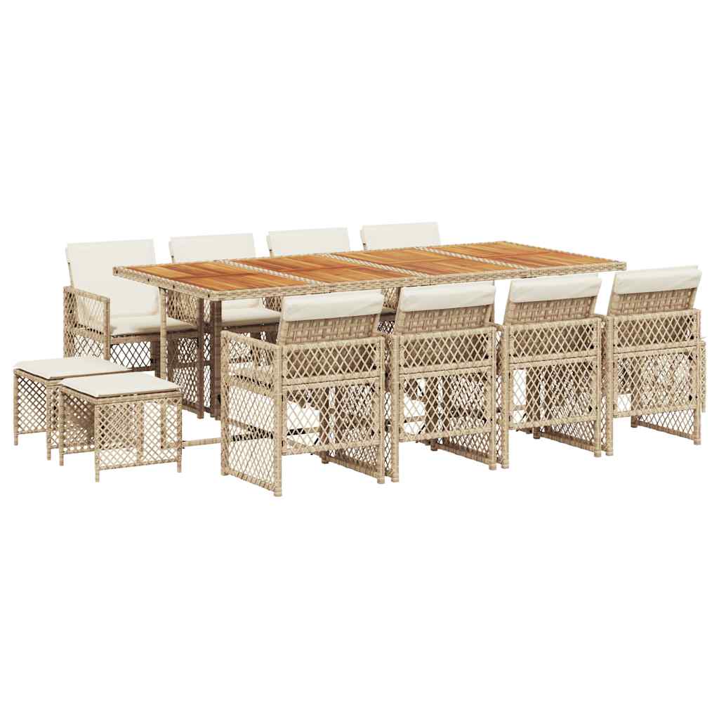 13 Piece Garden Dining Set with Cushions Beige Poly Rattan