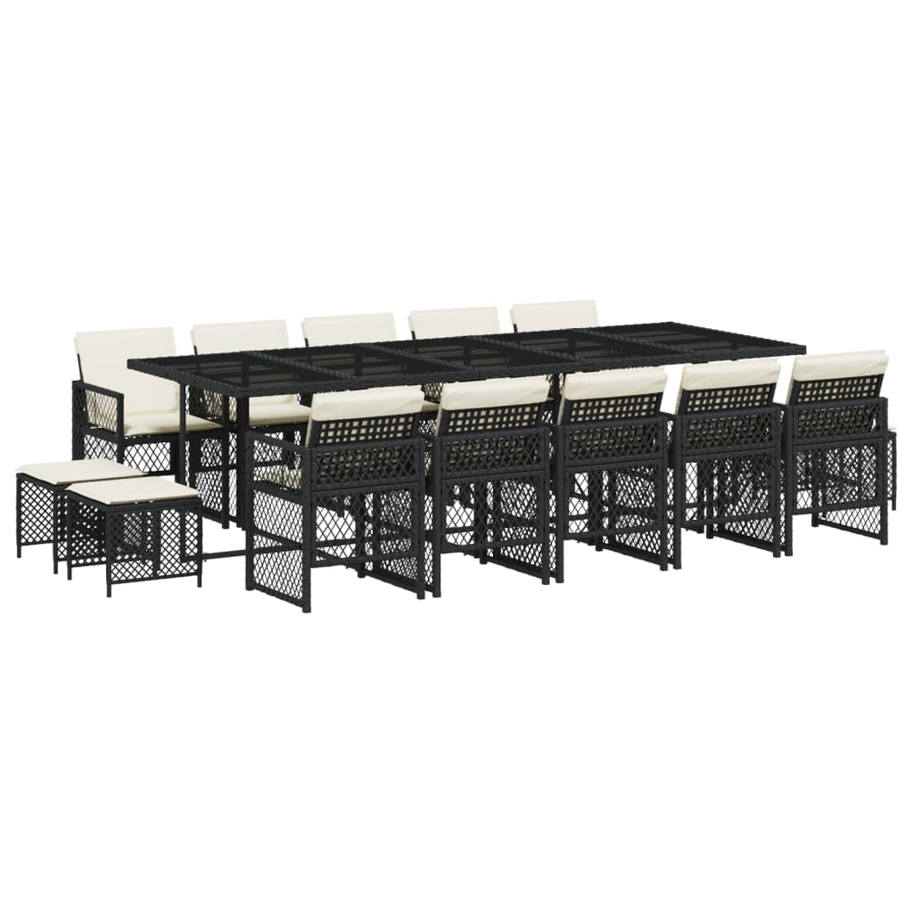 15 Piece Garden Dining Set with Cushions Black Poly Rattan