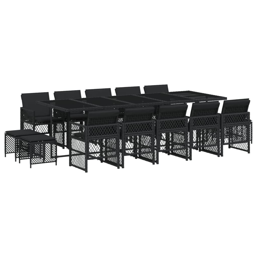 15 Piece Garden Dining Set with Cushions Black Poly Rattan