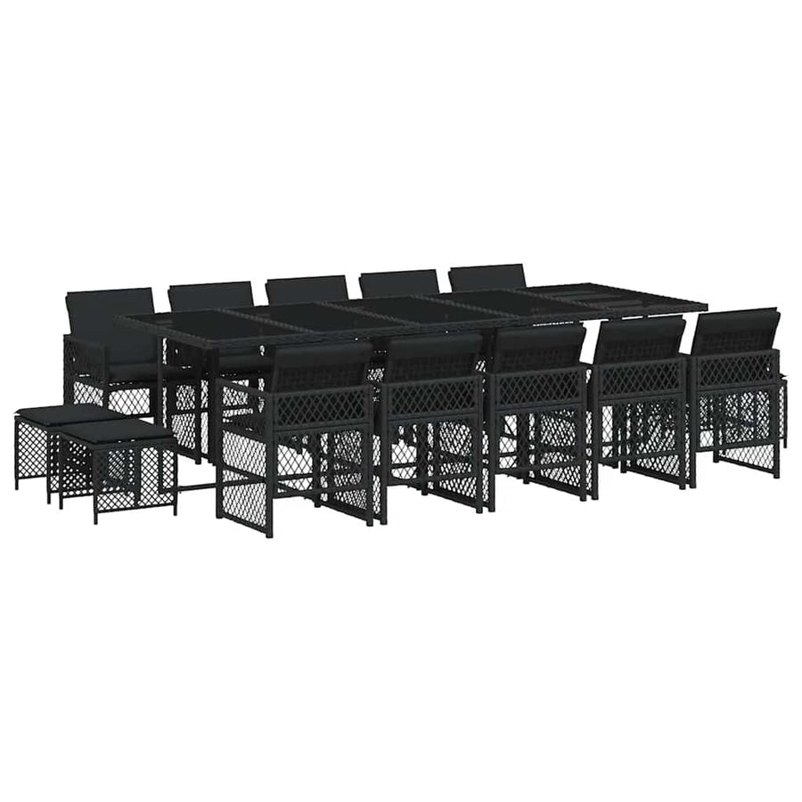 15 Piece Garden Dining Set with Cushions Black Poly Rattan