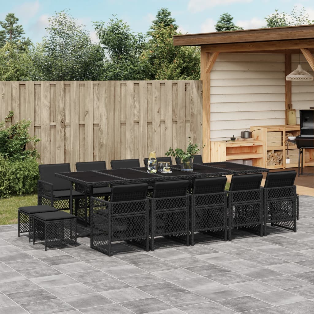 15 Piece Garden Dining Set with Cushions Black Poly Rattan