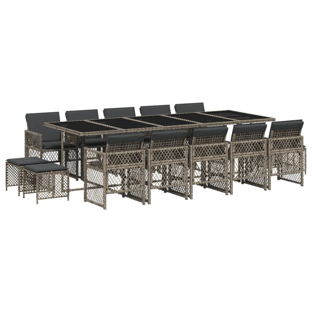 15 Piece Garden Dining Set with Cushions Grey Poly Rattan