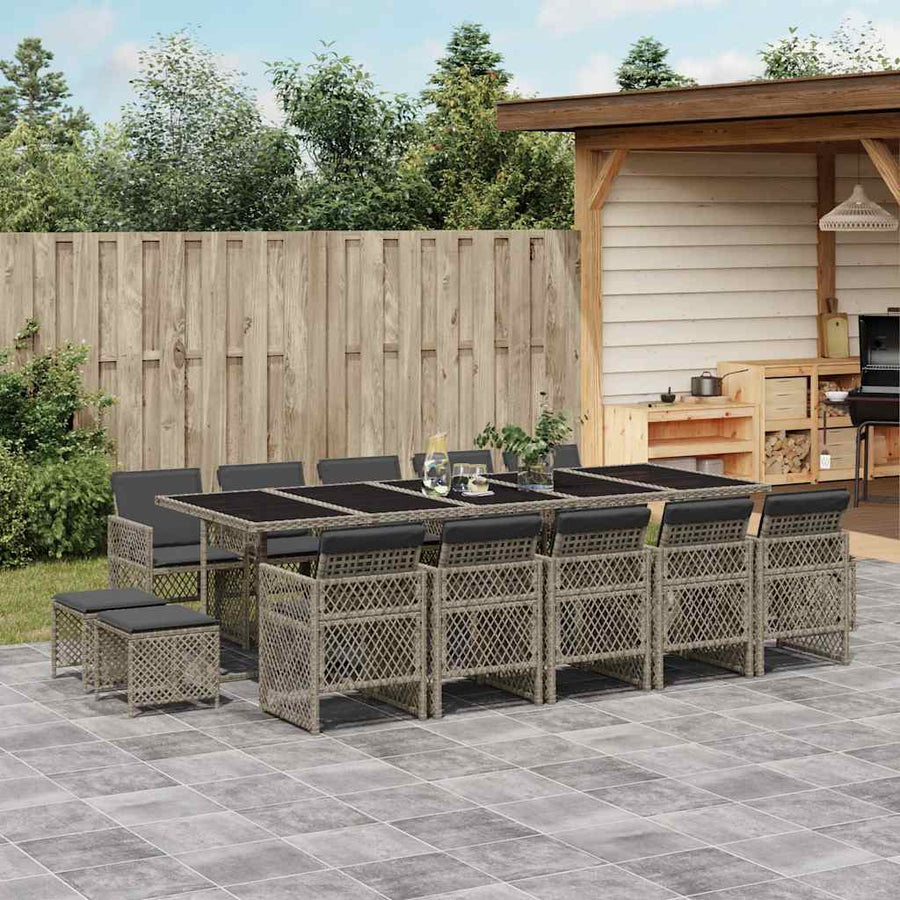 15 Piece Garden Dining Set with Cushions Grey Poly Rattan