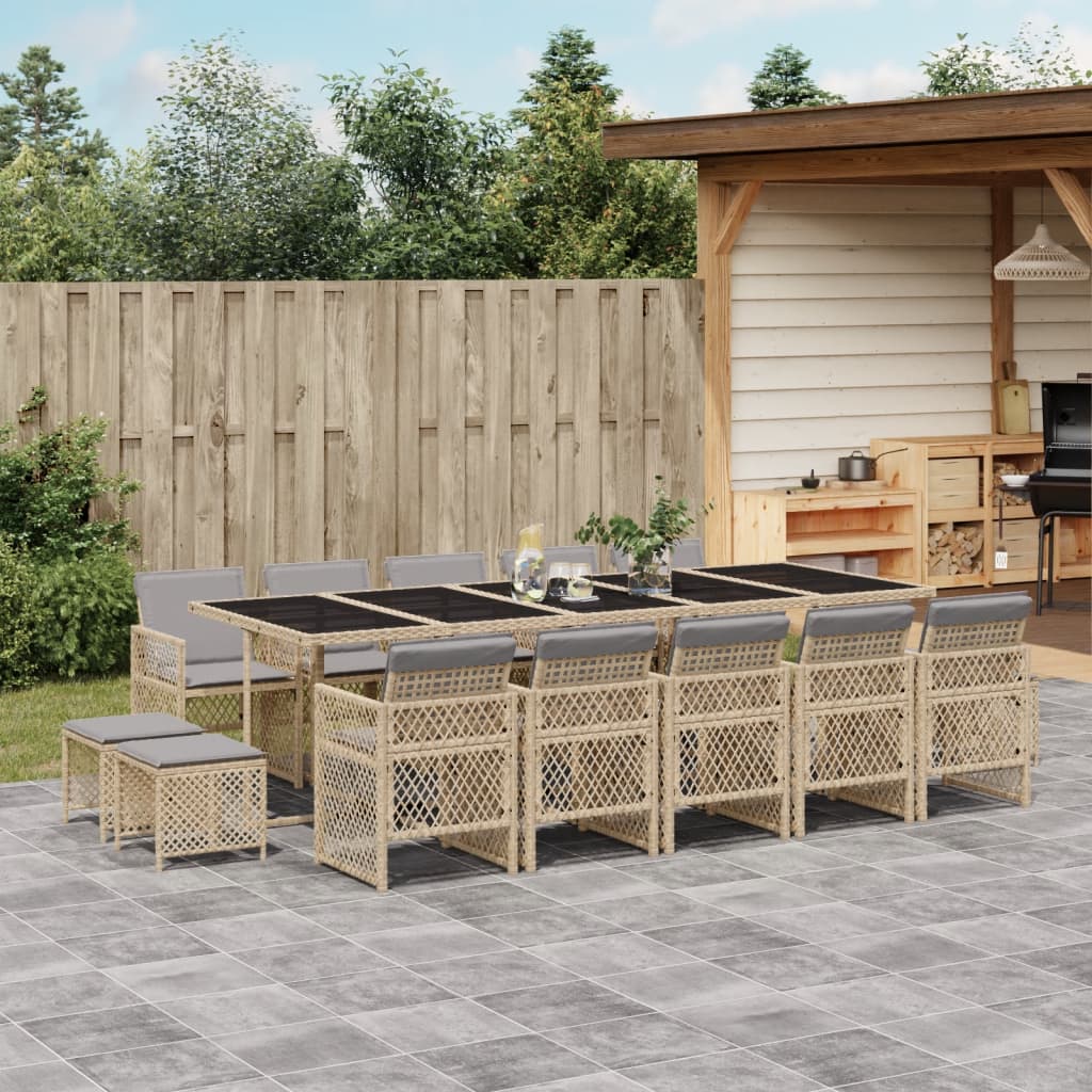 15 Piece Garden Dining Set with Cushions Beige Poly Rattan