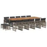 15 Piece Garden Dining Set with Cushions Grey Poly Rattan - Front View