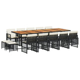 15 Piece Garden Dining Set with Cushions Black Poly Rattan - Front View