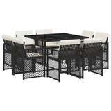9 Piece Garden Dining Set with Cushions Black Poly Rattan - Front View