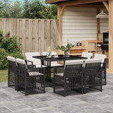 9 Piece Garden Dining Set with Cushions Black Poly Rattan