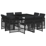 9 Piece Garden Dining Set with Cushions Black Poly Rattan - Front View