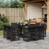 9 Piece Garden Dining Set with Cushions Black Poly Rattan