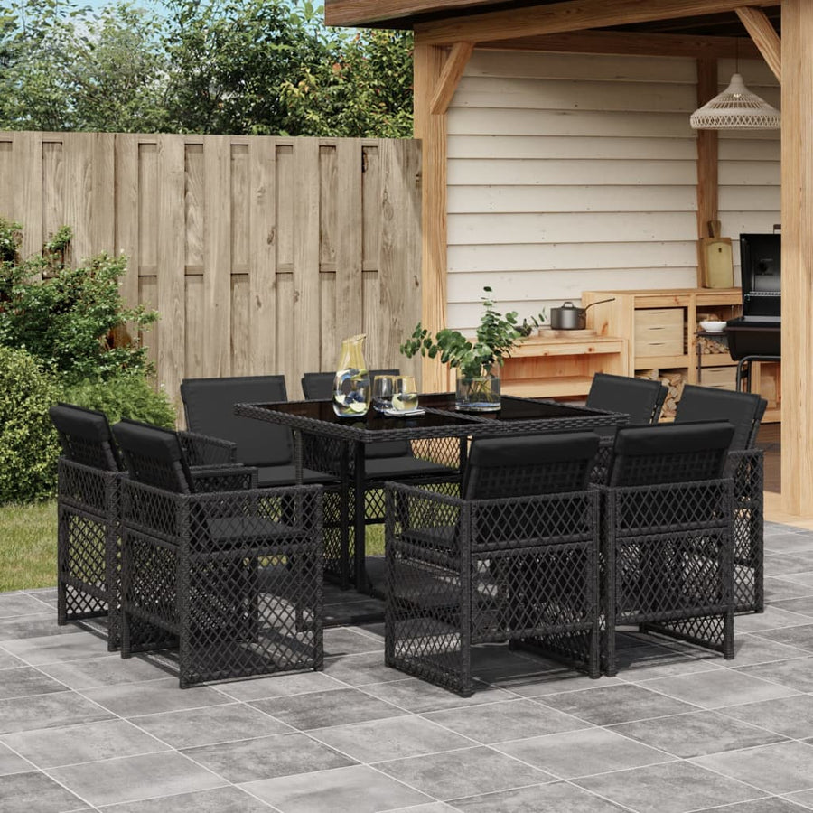 9 Piece Garden Dining Set with Cushions Black Poly Rattan