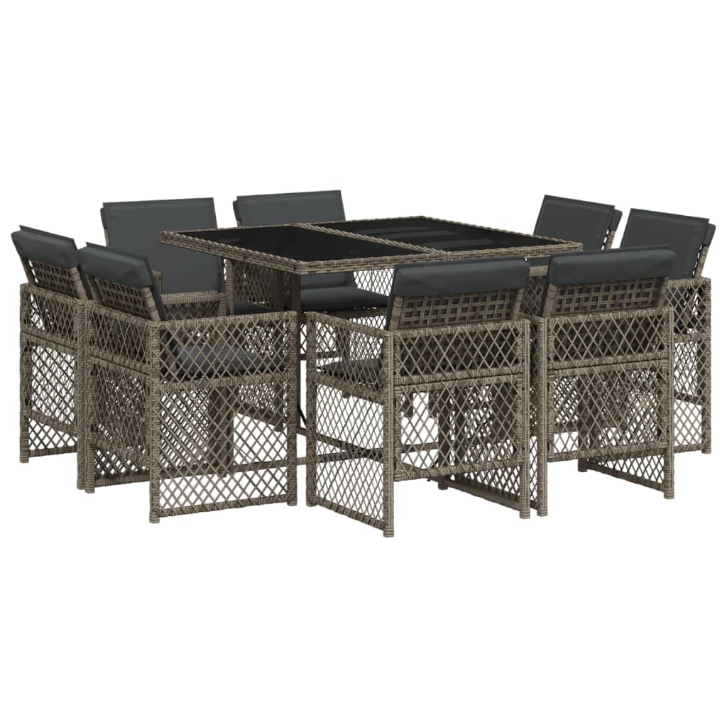 9 Piece Garden Dining Set with Cushions Grey Poly Rattan