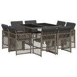 9 Piece Garden Dining Set with Cushions Grey Poly Rattan - Front View