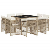 9 Piece Garden Dining Set with Cushions Beige Poly Rattan - Front View