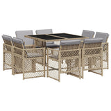 9 Piece Garden Dining Set with Cushions Mix Beige Poly Rattan - Front View