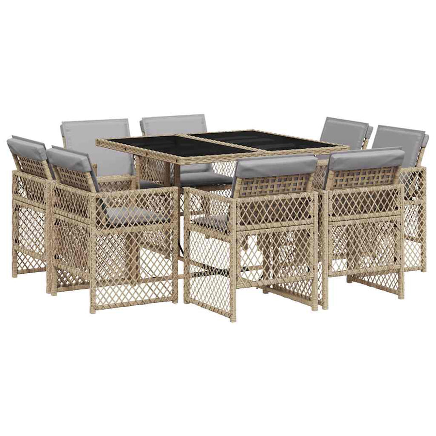 9 Piece Garden Dining Set with Cushions Mix Beige Poly Rattan