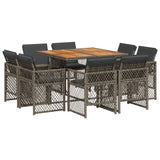 9 Piece Garden Dining Set with Cushions Grey Poly Rattan - Front View