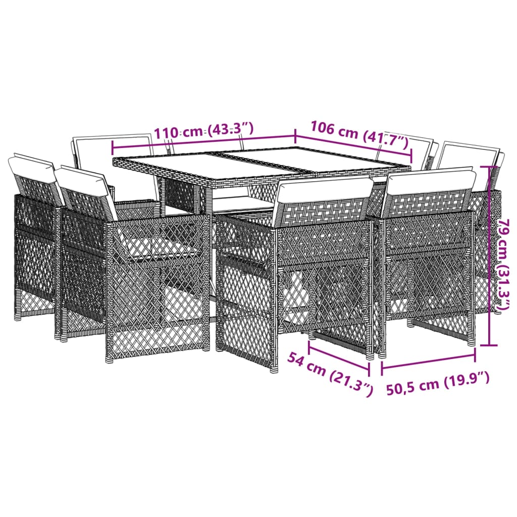 9 Piece Garden Dining Set with Cushions Grey Poly Rattan