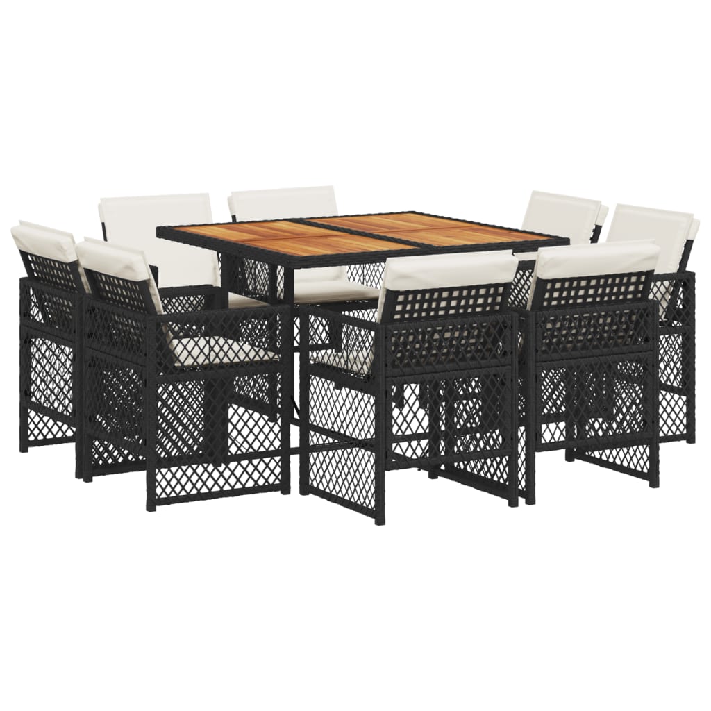 9 Piece Garden Dining Set with Cushions Black Poly Rattan