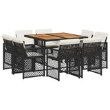9 Piece Garden Dining Set with Cushions Black Poly Rattan - Front View