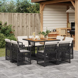 9 Piece Garden Dining Set with Cushions Black Poly Rattan