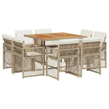 9 Piece Garden Dining Set with Cushions Beige Poly Rattan - Front View