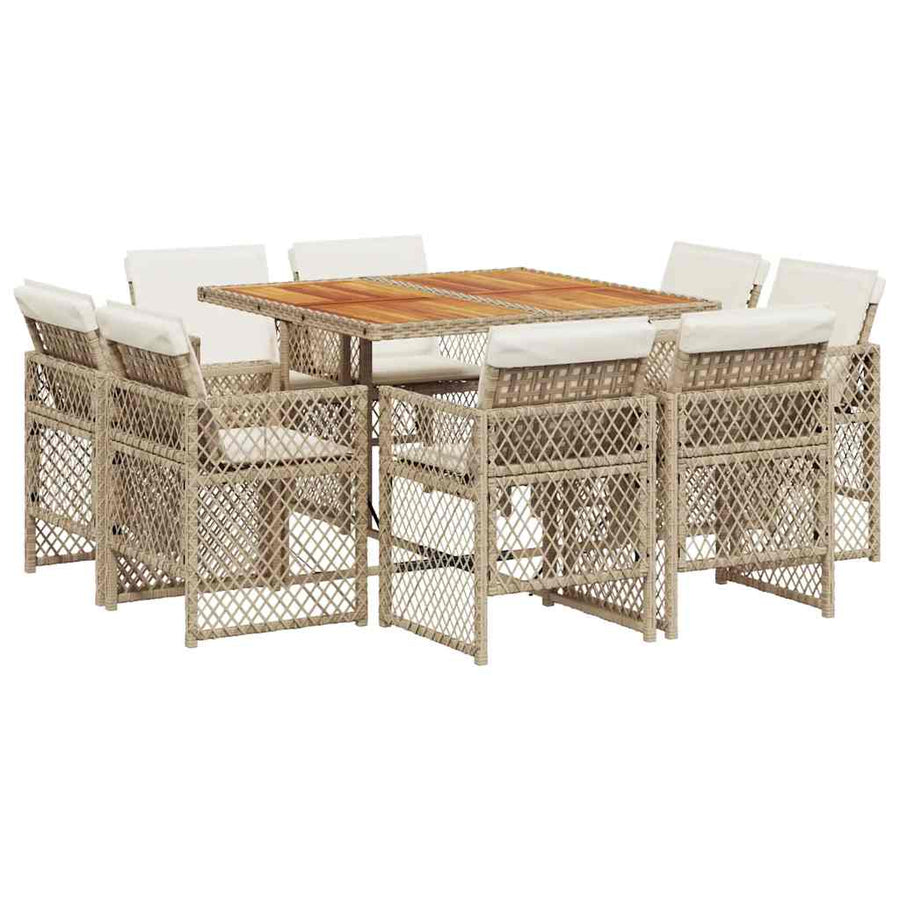 9 Piece Garden Dining Set with Cushions Beige Poly Rattan