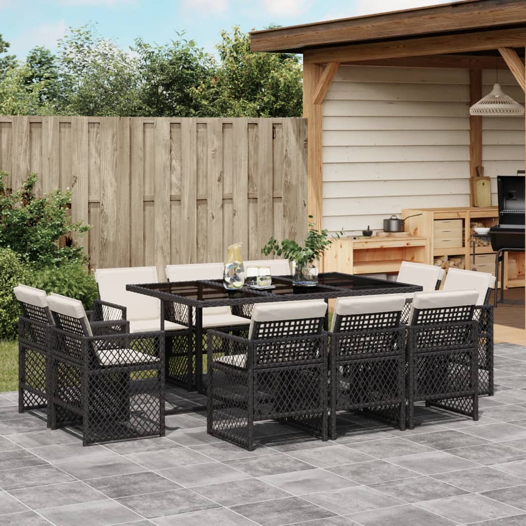 11 Piece Garden Dining Set with Cushions Black Poly Rattan