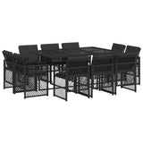 11 Piece Garden Dining Set with Cushions Black Poly Rattan - Front View