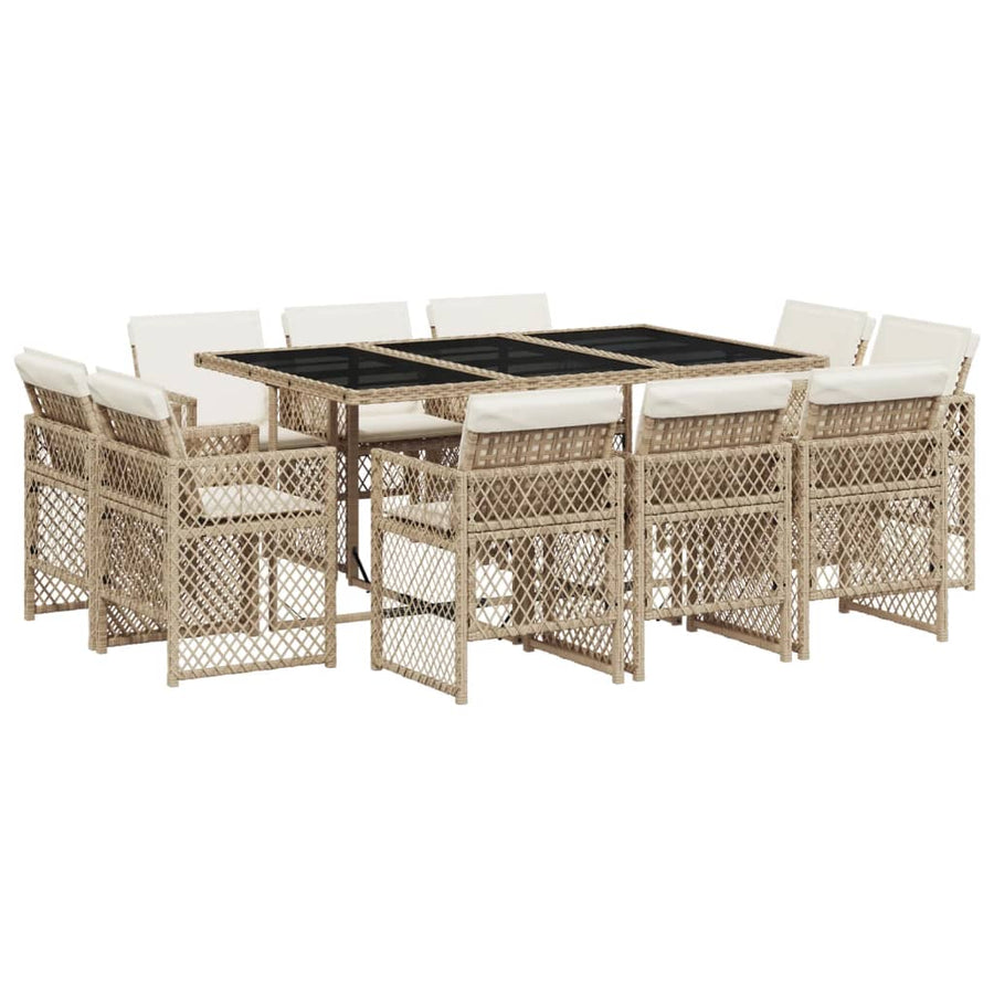 11 Piece Garden Dining Set with Cushions Beige Poly Rattan