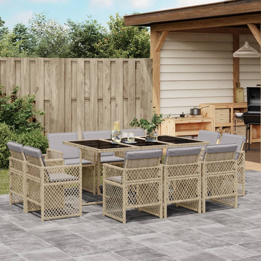 11 Piece Garden Dining Set with Cushions Mix Beige Poly Rattan