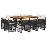 11 Piece Garden Dining Set with Cushions Black Poly Rattan - Front View