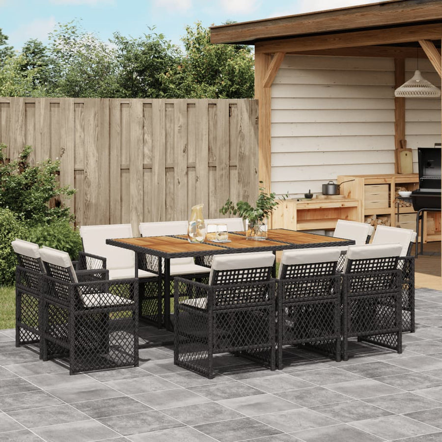11 Piece Garden Dining Set with Cushions Black Poly Rattan