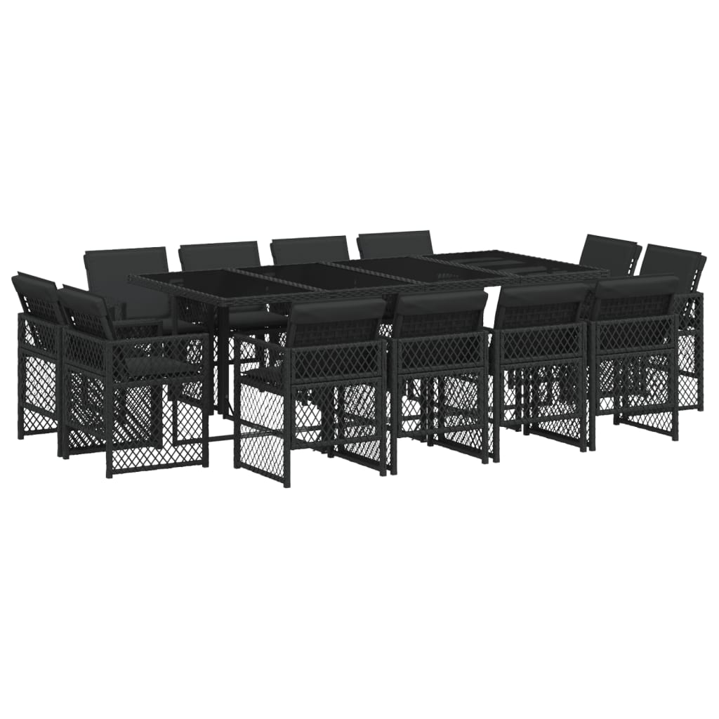 13 Piece Garden Dining Set with Cushions Black Poly Rattan