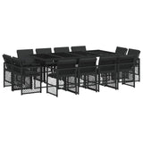 13 Piece Garden Dining Set with Cushions Black Poly Rattan - Front View